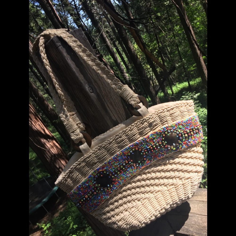 Cappelli bead embellished creamy wicker straw bag woven handbag,HP24 - Picture 11 of 11